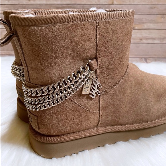 UGG Women’s Classic Mini Chains Chestnut Suede Boots - Picture 2 of 9